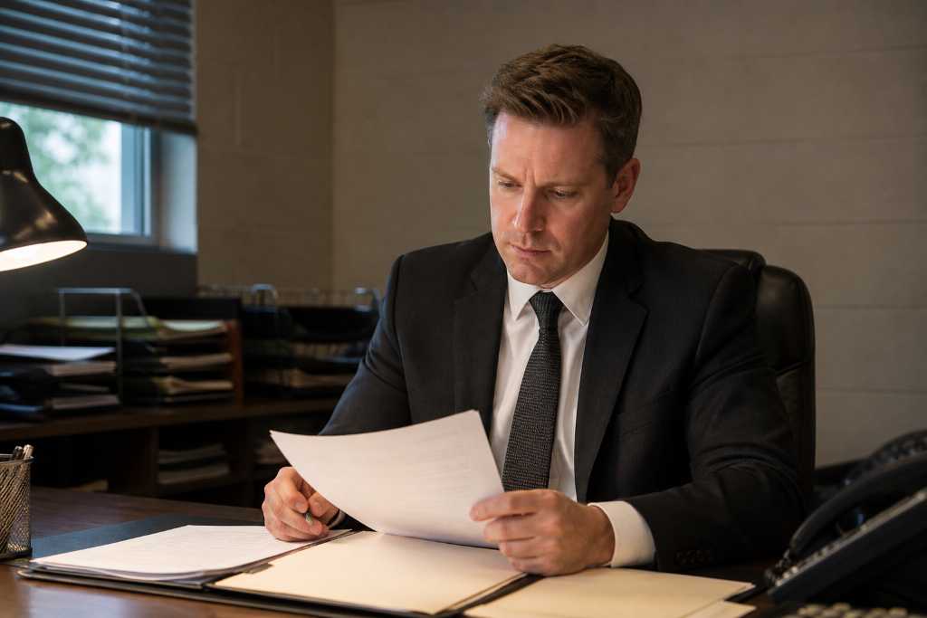 Bail Bonds Agent Analyzing Case Documents