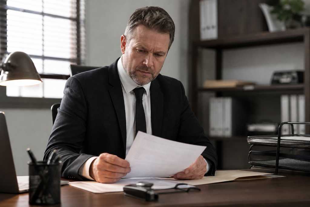 Bail Bonds Agent Reviewing Documents in Office