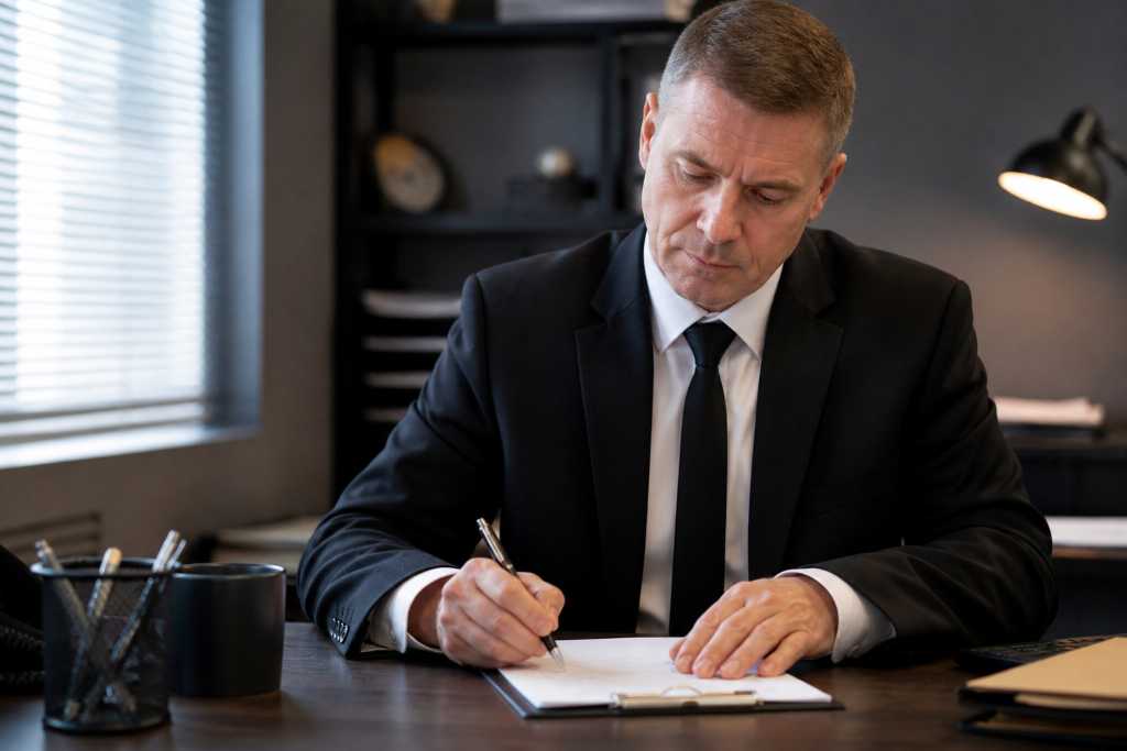 Bail Bonds Agent Writing Documents in Office