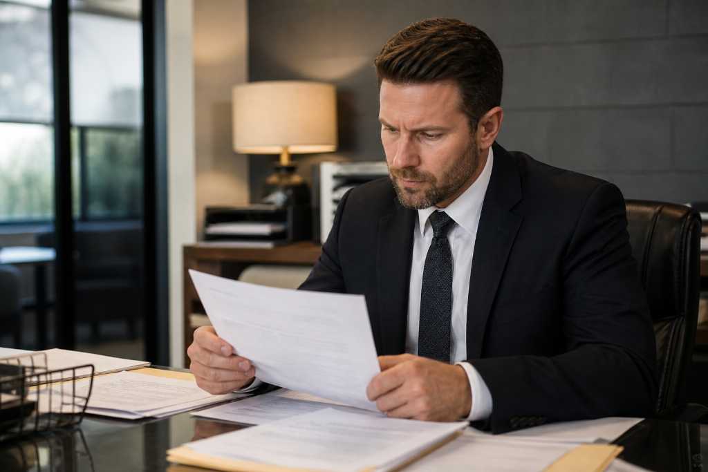 Bail Bonds Agent Writing Documents in Office