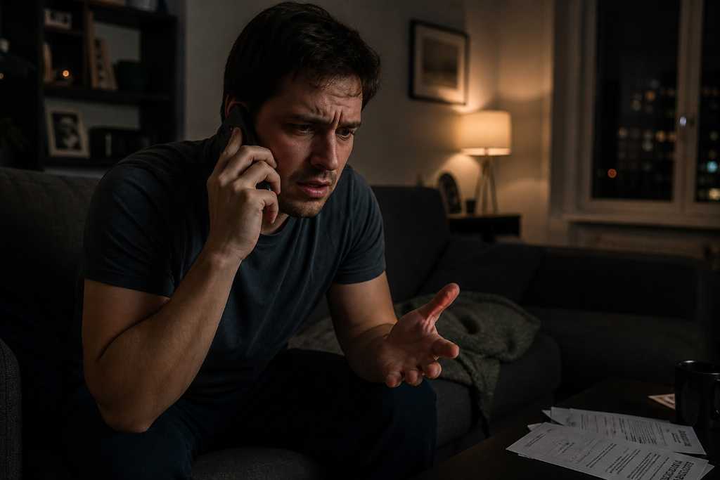 Late-night phone call in the living room