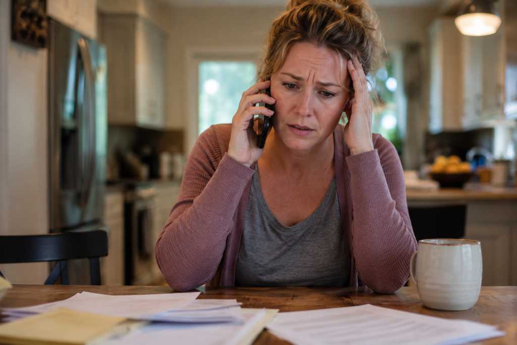 Stressed woman at a cluttered table