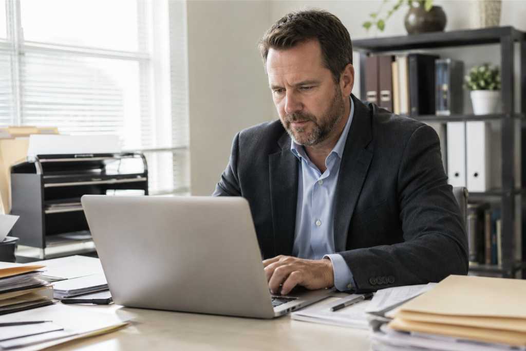 Busy Bail Bondsman Preparing Client Files